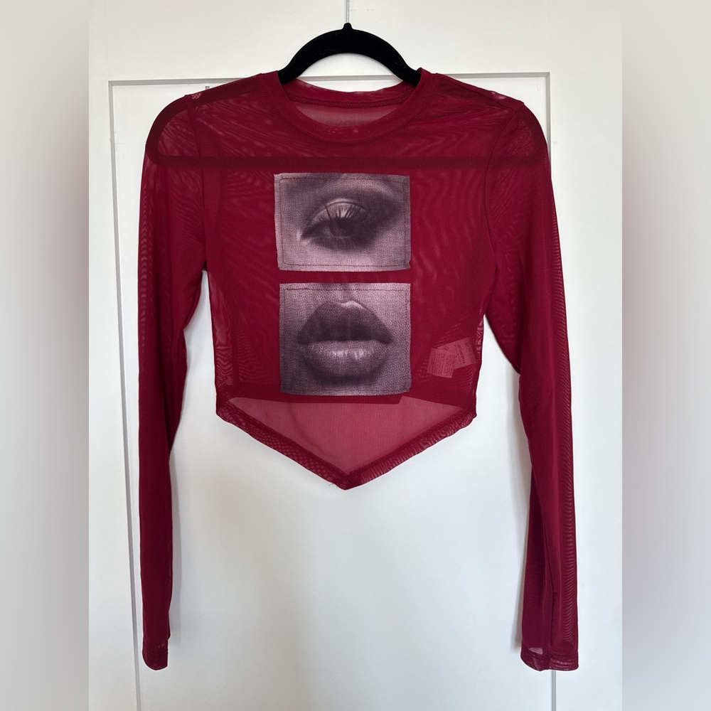 Women's Red Graphic Mesh Top